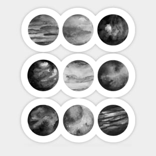 Black and white watercolor planets in starry night Sticker